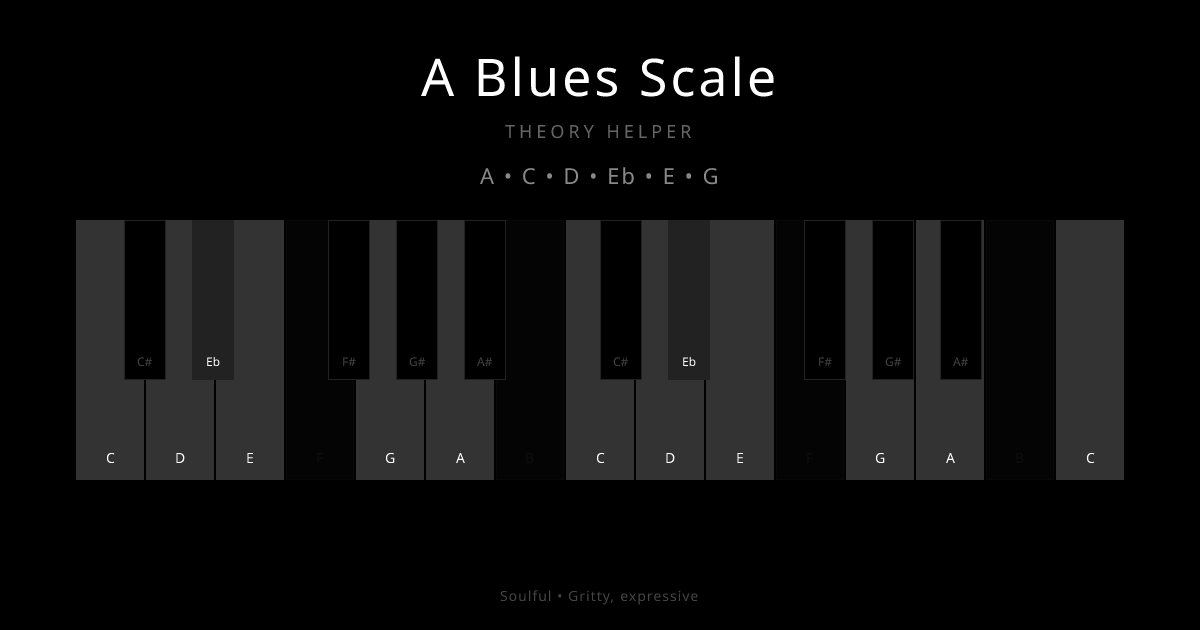 A Blues Scale scale shown on piano keyboard with notes A, C, D, Eb, E, G highlighted