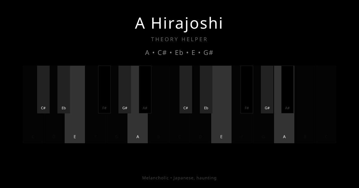 A Hirajoshi scale shown on piano keyboard with notes A, C#, Eb, E, G# highlighted