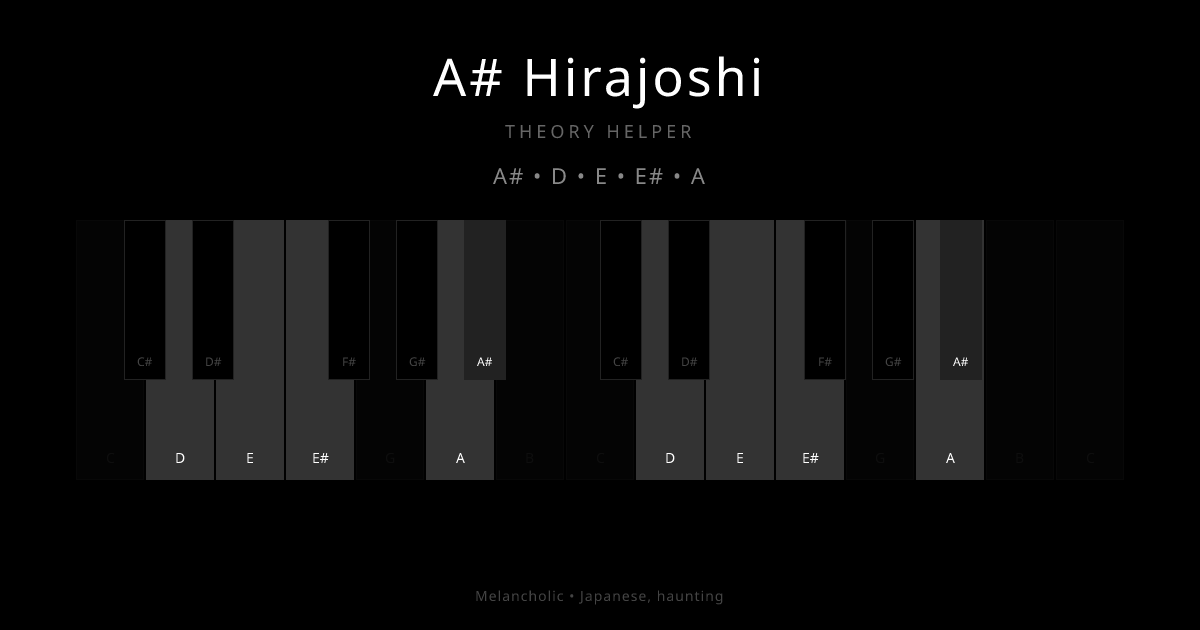 A# Hirajoshi scale shown on piano keyboard with notes A#, D, E, E#, A highlighted