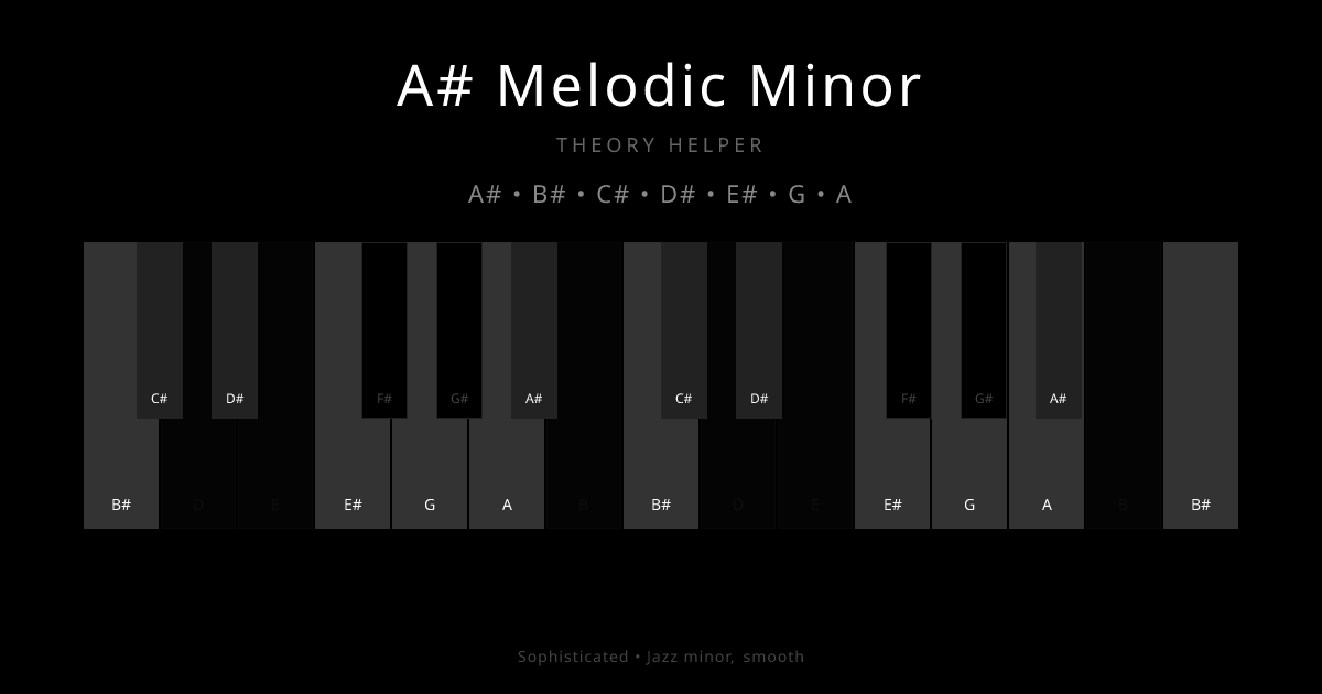 A# Melodic Minor scale shown on piano keyboard with notes A#, B#, C#, D#, E#, G, A highlighted