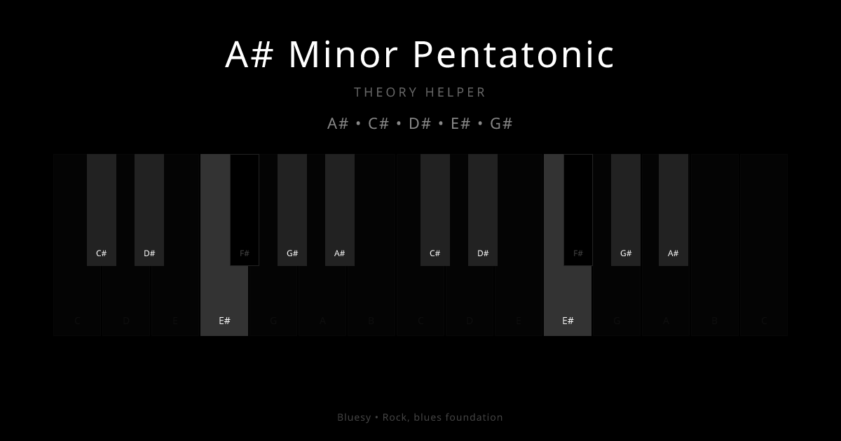 A# Minor Pentatonic scale shown on piano keyboard with notes A#, C#, D#, E#, G# highlighted