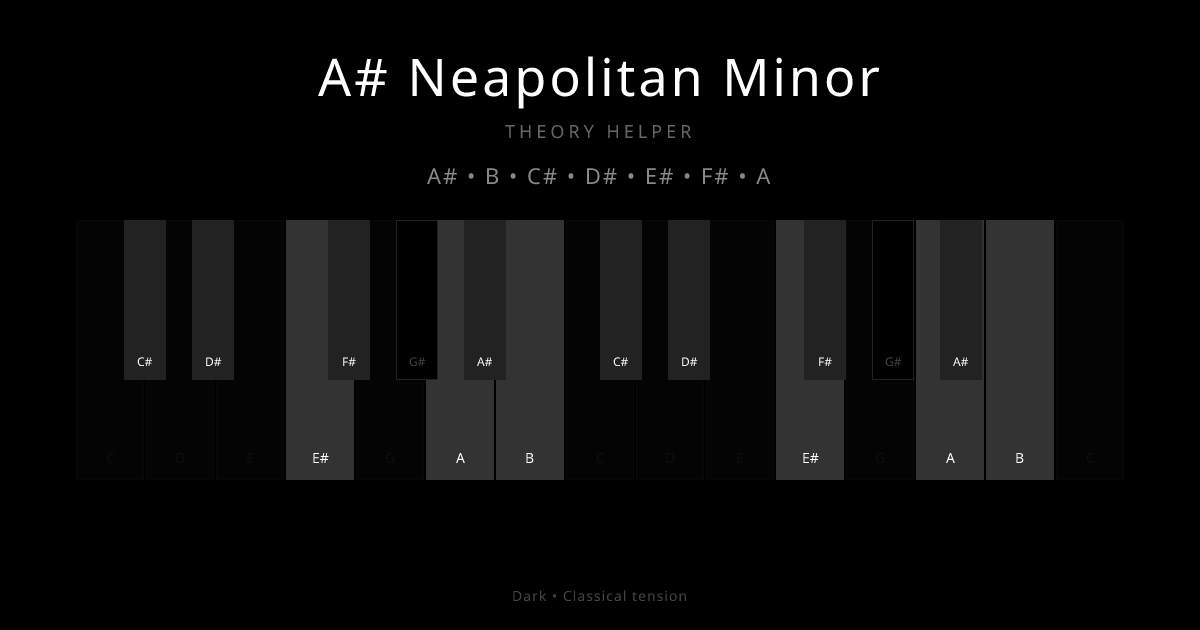 A# Neapolitan Minor scale shown on piano keyboard with notes A#, B, C#, D#, E#, F#, A highlighted