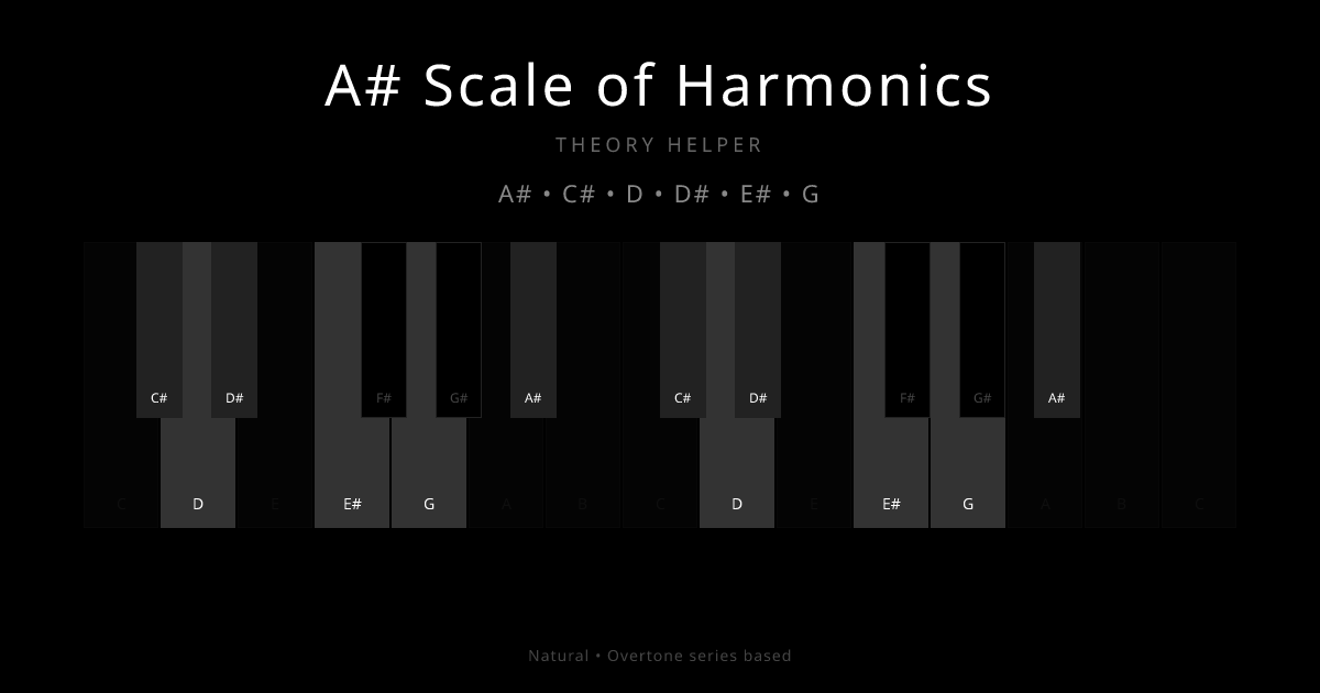 A# Scale of Harmonics scale shown on piano keyboard with notes A#, C#, D, D#, E#, G highlighted
