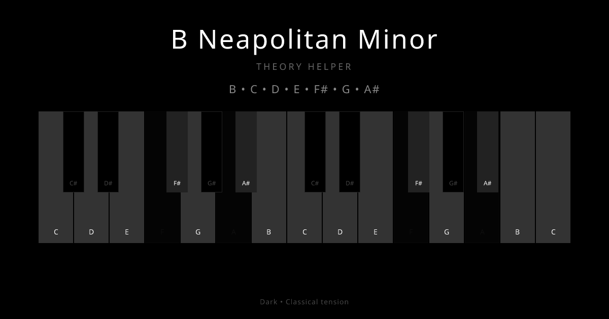 B Neapolitan Minor scale shown on piano keyboard with notes B, C, D, E, F#, G, A# highlighted