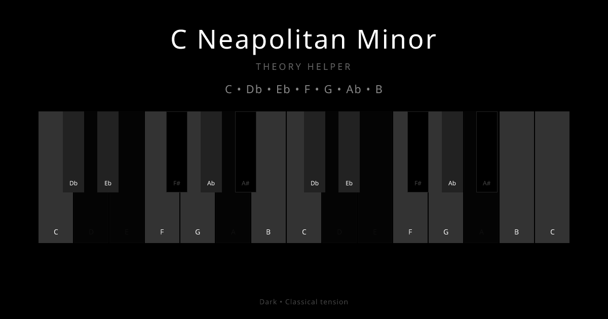 C Neapolitan Minor scale shown on piano keyboard with notes C, Db, Eb, F, G, Ab, B highlighted