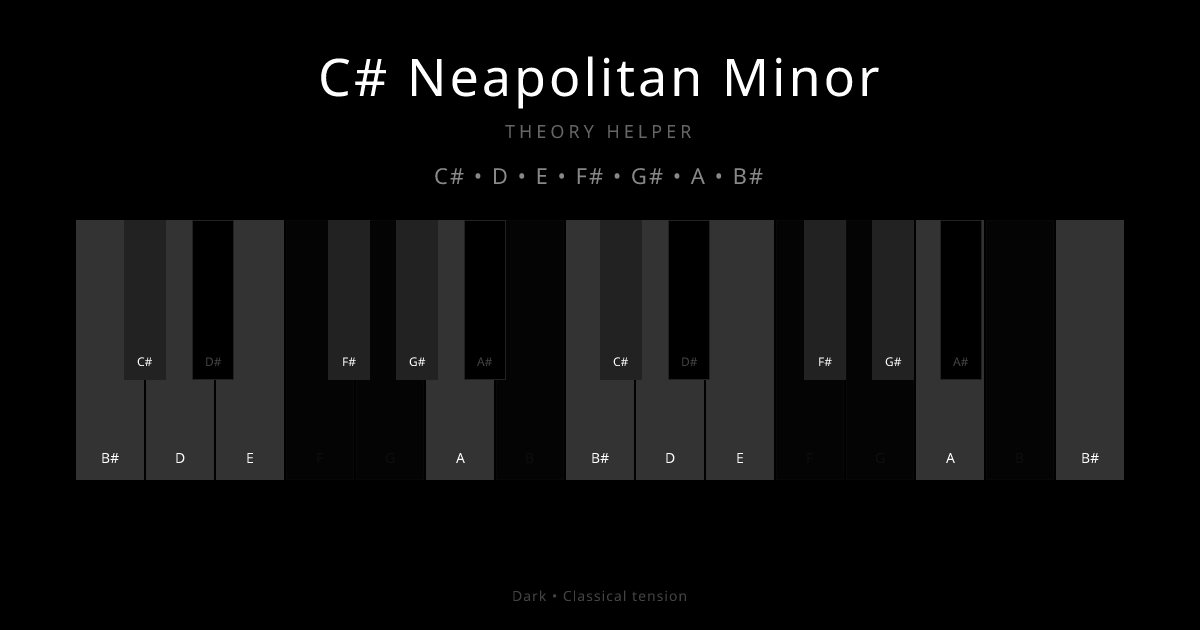 C# Neapolitan Minor scale shown on piano keyboard with notes C#, D, E, F#, G#, A, B# highlighted