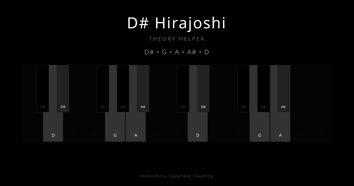 D# Hirajoshi scale shown on piano keyboard with notes D#, G, A, A#, D highlighted