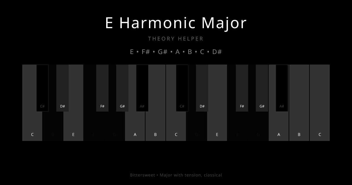 E Harmonic Major scale shown on piano keyboard with notes E, F#, G#, A, B, C, D# highlighted