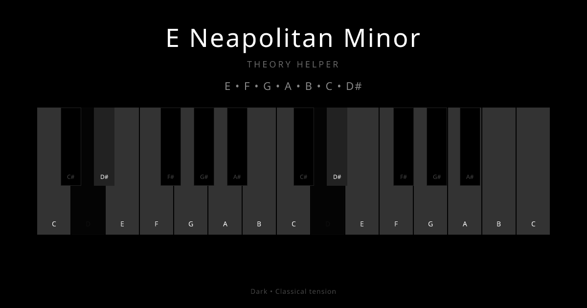 E Neapolitan Minor scale shown on piano keyboard with notes E, F, G, A, B, C, D# highlighted