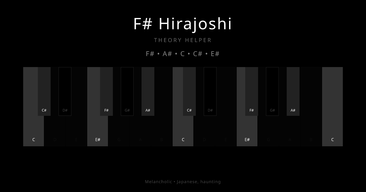 F# Hirajoshi scale shown on piano keyboard with notes F#, A#, C, C#, E# highlighted